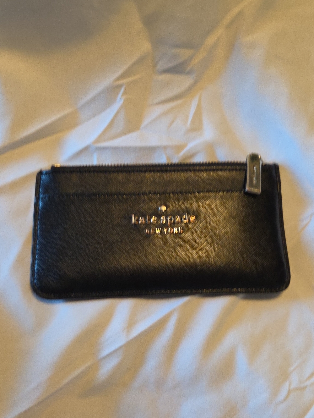 kate spade Black Leather Zip Card Pouch with Logo